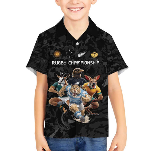 Custom Rugby Southern Hemisphere Family Matching Off Shoulder Short Dress and Hawaiian Shirt Argentina AUNZ South Africa Mascot Black - Aussie Hoodie