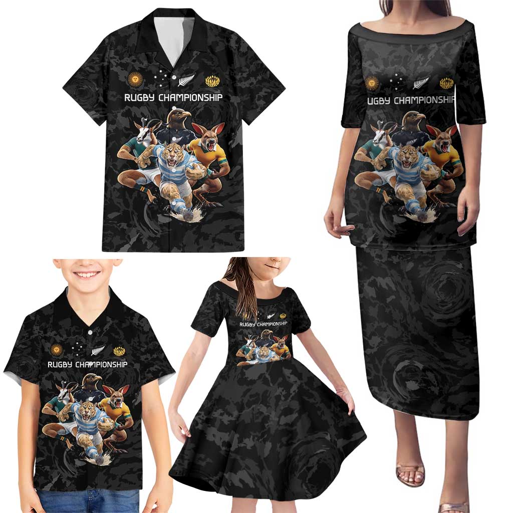 Custom Rugby Southern Hemisphere Family Matching Puletasi and Hawaiian Shirt Argentina AUNZ South Africa Mascot Black - Aussie Hoodie