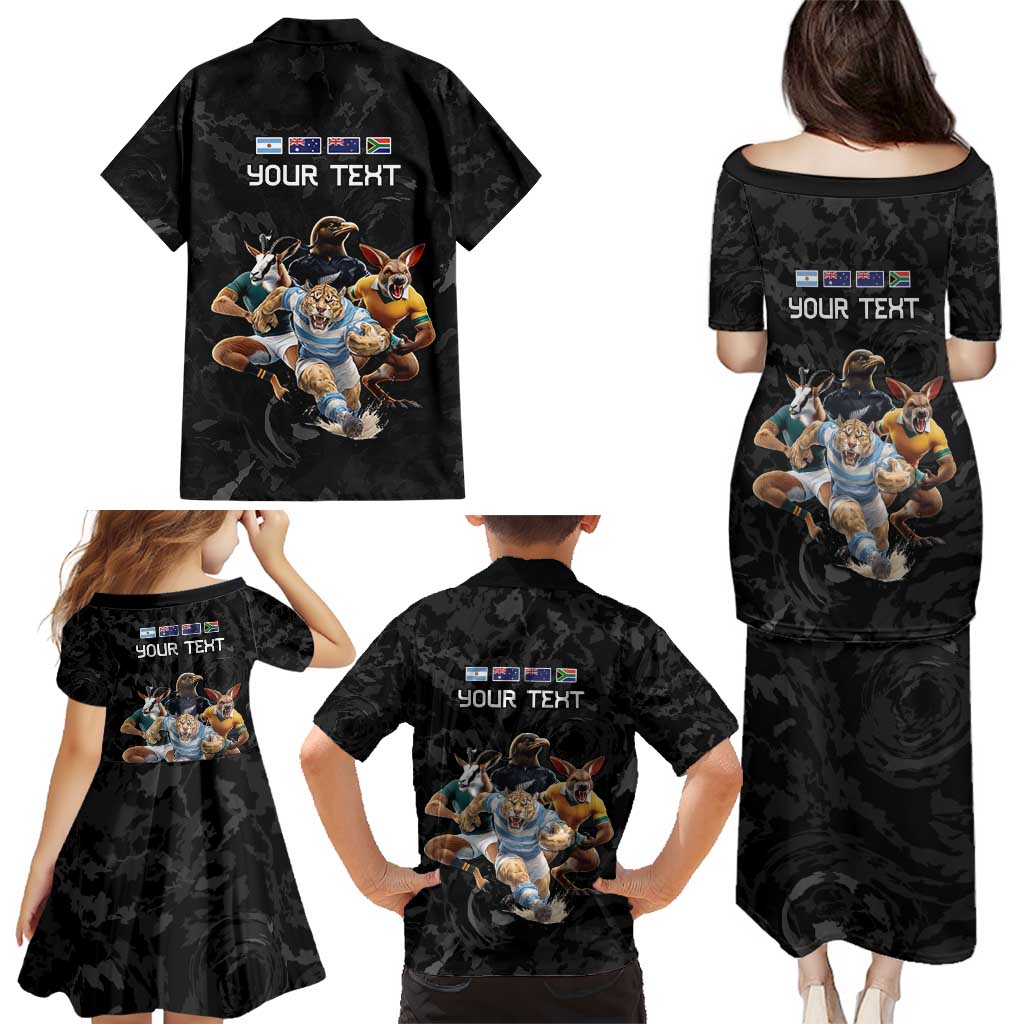 Custom Rugby Southern Hemisphere Family Matching Puletasi and Hawaiian Shirt Argentina AUNZ South Africa Mascot Black - Aussie Hoodie