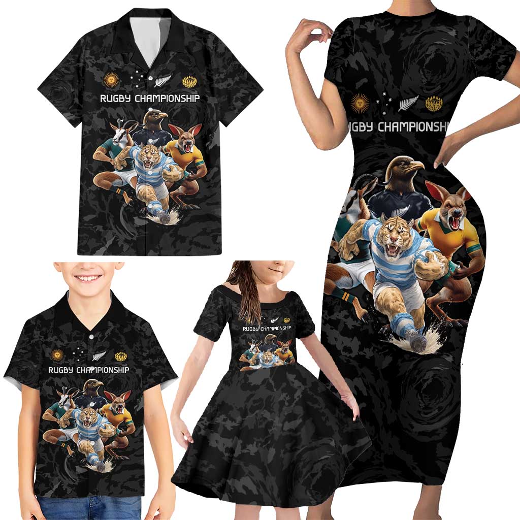 Custom Rugby Southern Hemisphere Family Matching Short Sleeve Bodycon Dress and Hawaiian Shirt Argentina AUNZ South Africa Mascot Black - Aussie Hoodie