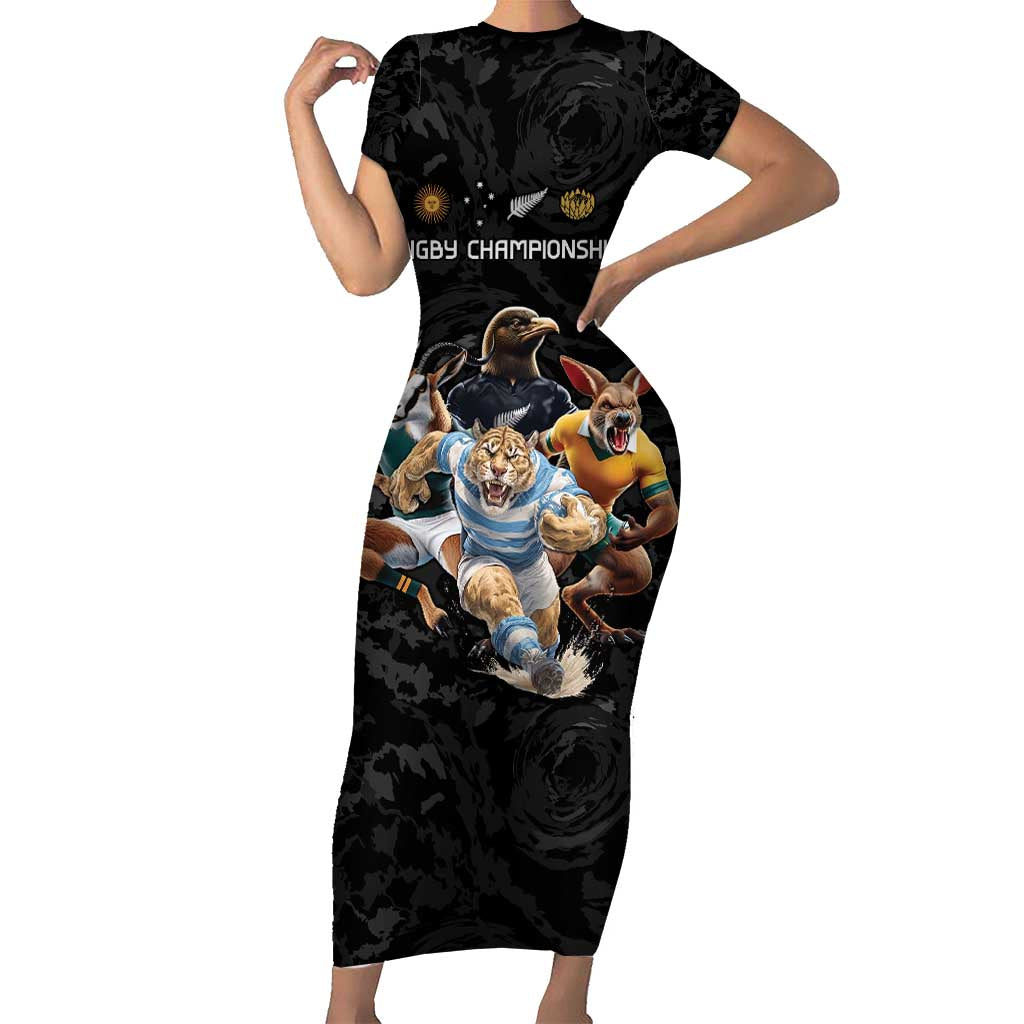 Custom Rugby Southern Hemisphere Family Matching Short Sleeve Bodycon Dress and Hawaiian Shirt Argentina AUNZ South Africa Mascot Black - Aussie Hoodie