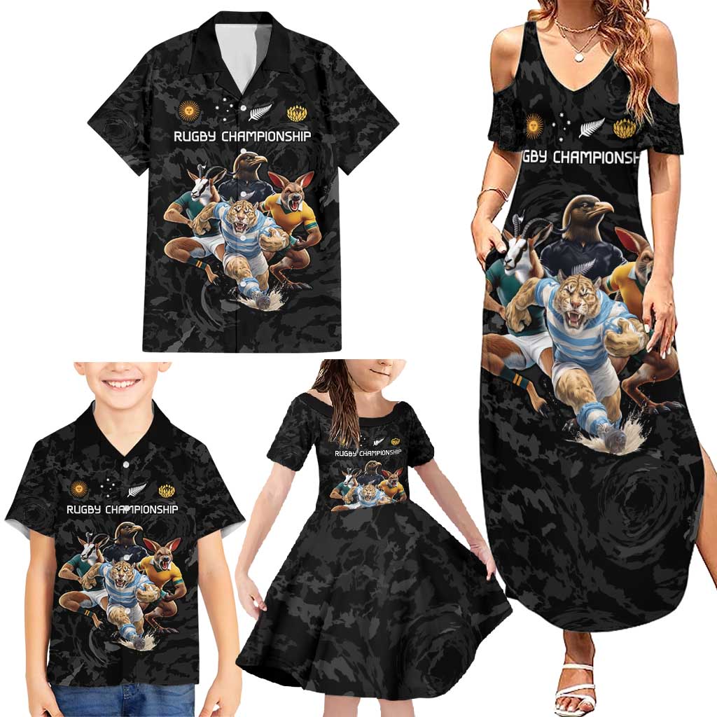Custom Rugby Southern Hemisphere Family Matching Summer Maxi Dress and Hawaiian Shirt Argentina AUNZ South Africa Mascot Black - Aussie Hoodie