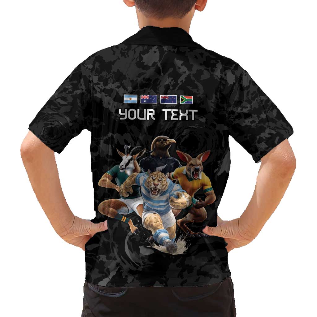 Custom Rugby Southern Hemisphere Family Matching Summer Maxi Dress and Hawaiian Shirt Argentina AUNZ South Africa Mascot Black - Aussie Hoodie