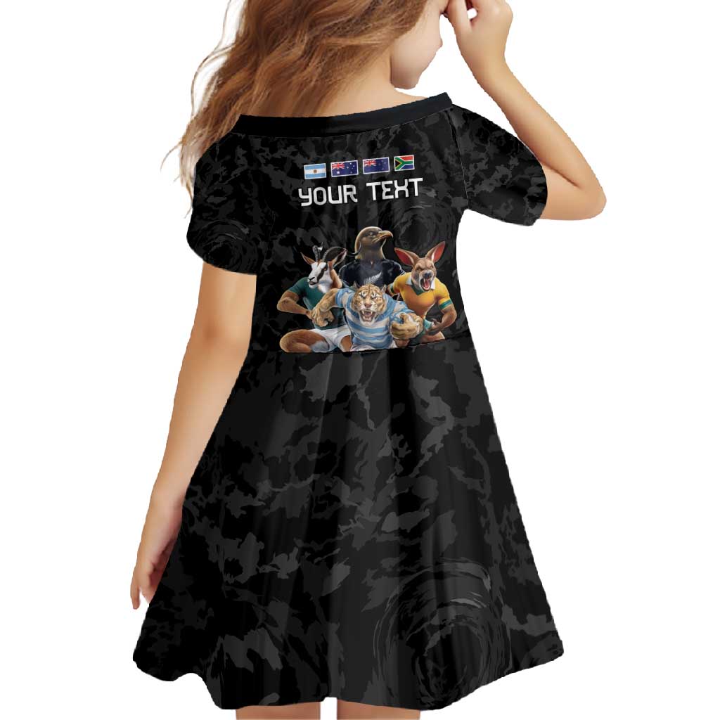 Custom Rugby Southern Hemisphere Family Matching Summer Maxi Dress and Hawaiian Shirt Argentina AUNZ South Africa Mascot Black - Aussie Hoodie