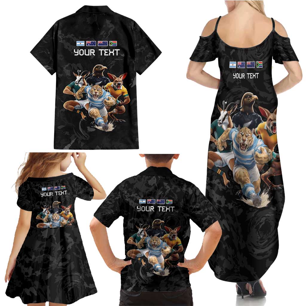 Custom Rugby Southern Hemisphere Family Matching Summer Maxi Dress and Hawaiian Shirt Argentina AUNZ South Africa Mascot Black - Aussie Hoodie