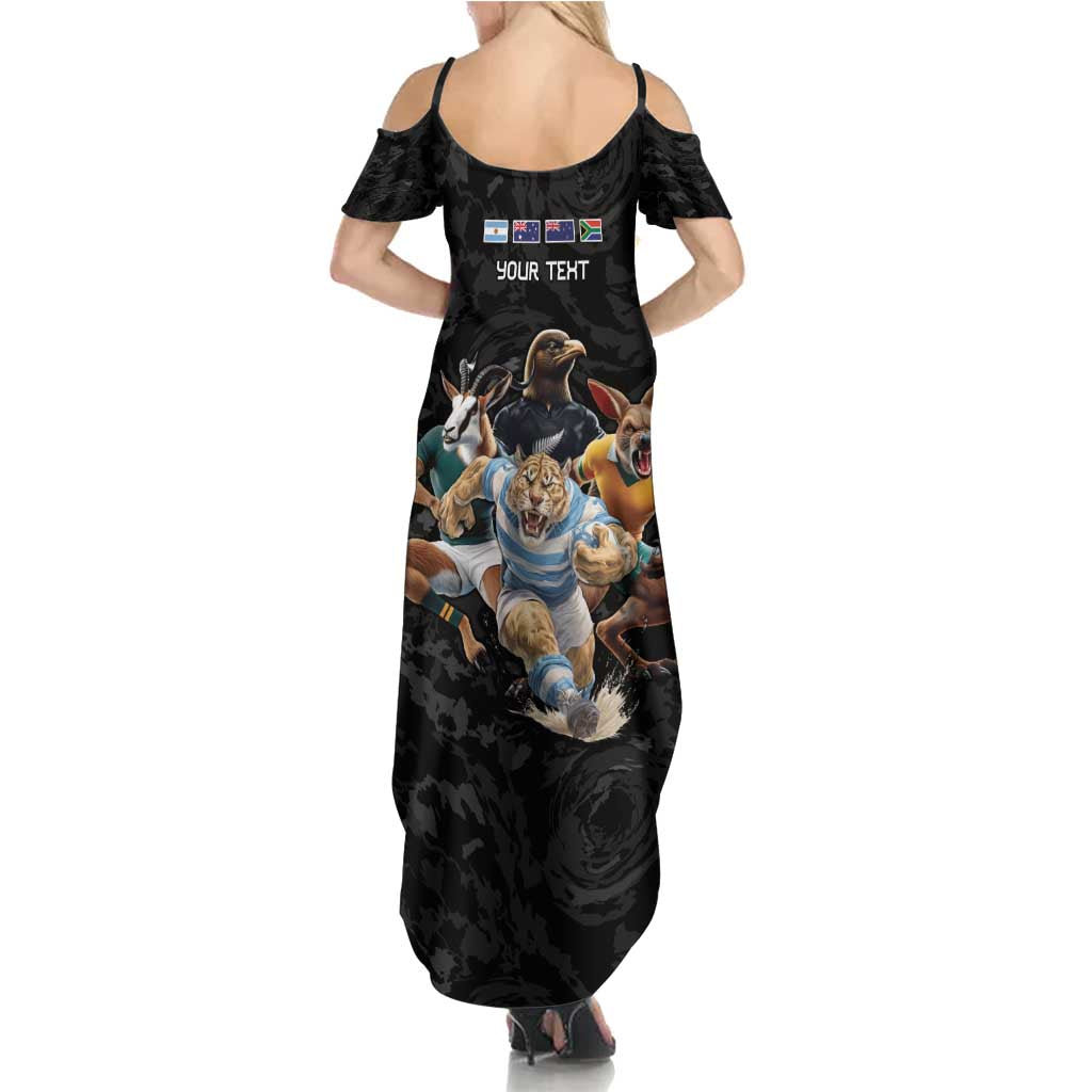Custom Rugby Southern Hemisphere Family Matching Summer Maxi Dress and Hawaiian Shirt Argentina AUNZ South Africa Mascot Black - Aussie Hoodie