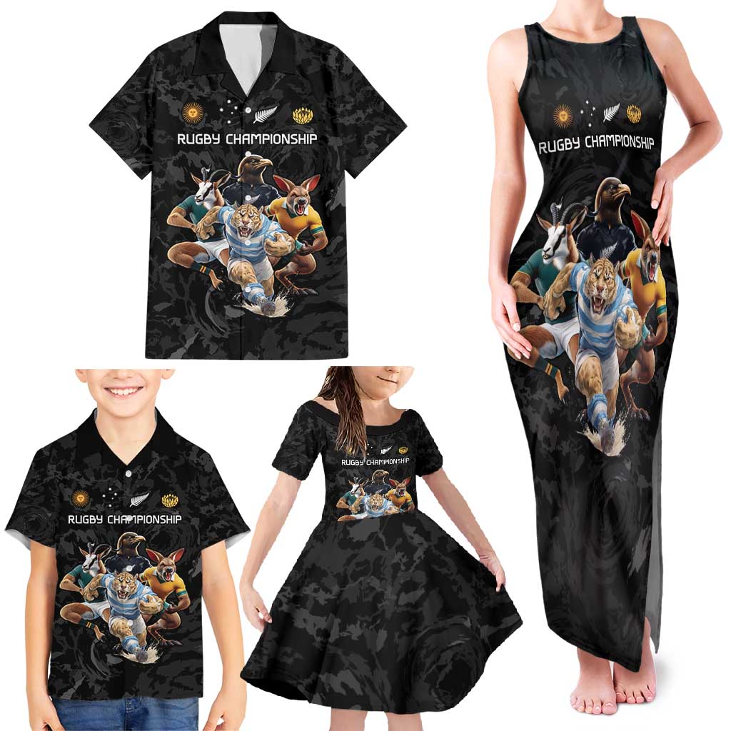 Custom Rugby Southern Hemisphere Family Matching Tank Maxi Dress and Hawaiian Shirt Argentina AUNZ South Africa Mascot Black - Aussie Hoodie