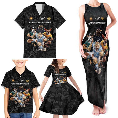 Custom Rugby Southern Hemisphere Family Matching Tank Maxi Dress and Hawaiian Shirt Argentina AUNZ South Africa Mascot Black - Aussie Hoodie