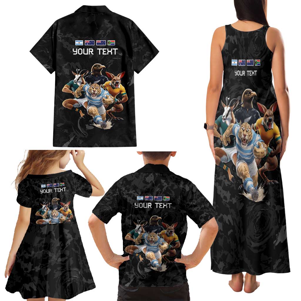 Custom Rugby Southern Hemisphere Family Matching Tank Maxi Dress and Hawaiian Shirt Argentina AUNZ South Africa Mascot Black - Aussie Hoodie
