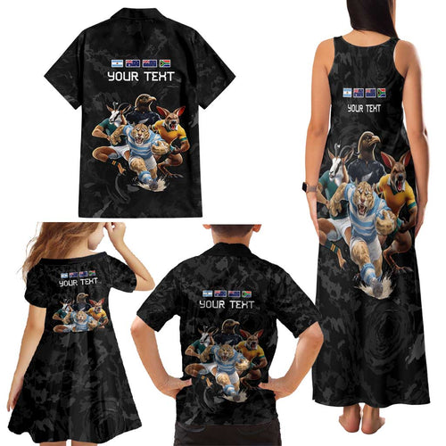 Custom Rugby Southern Hemisphere Family Matching Tank Maxi Dress and Hawaiian Shirt Argentina AUNZ South Africa Mascot Black - Aussie Hoodie