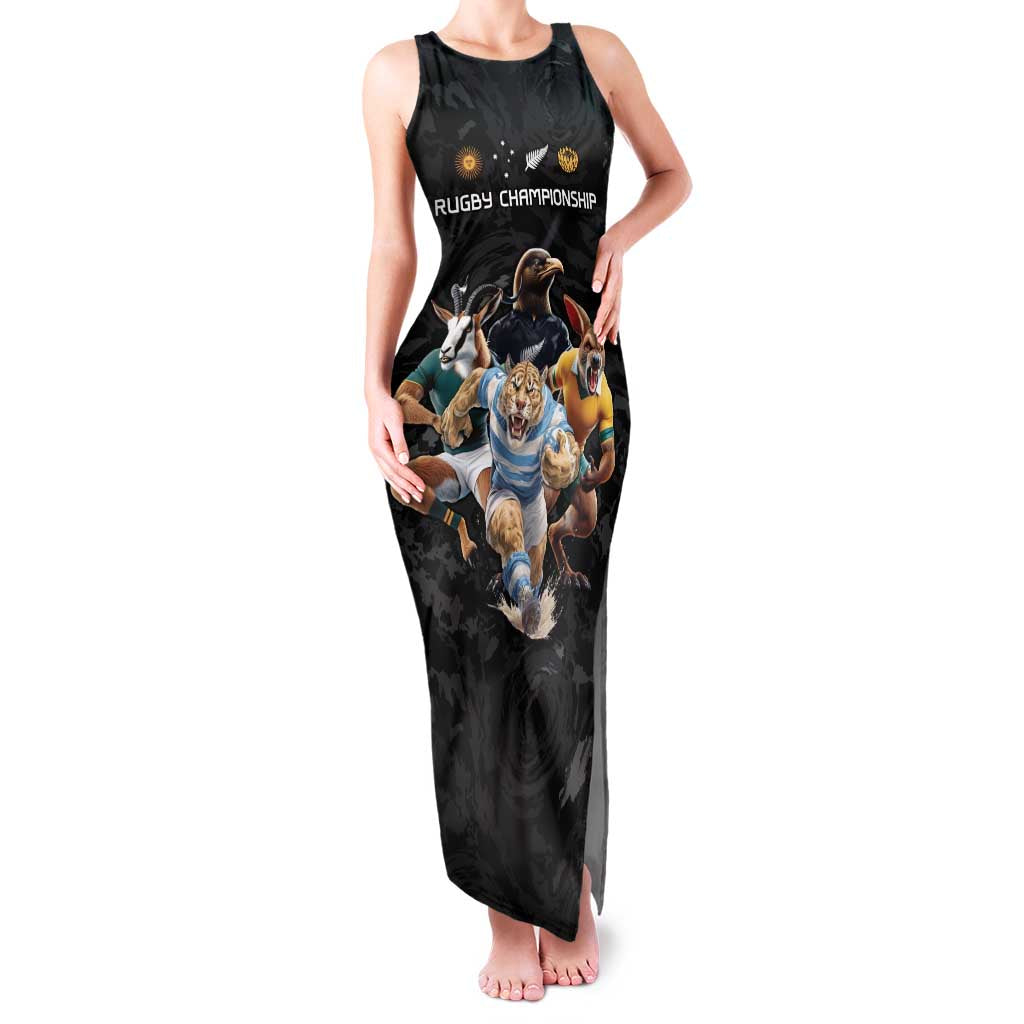 Custom Rugby Southern Hemisphere Family Matching Tank Maxi Dress and Hawaiian Shirt Argentina AUNZ South Africa Mascot Black - Aussie Hoodie