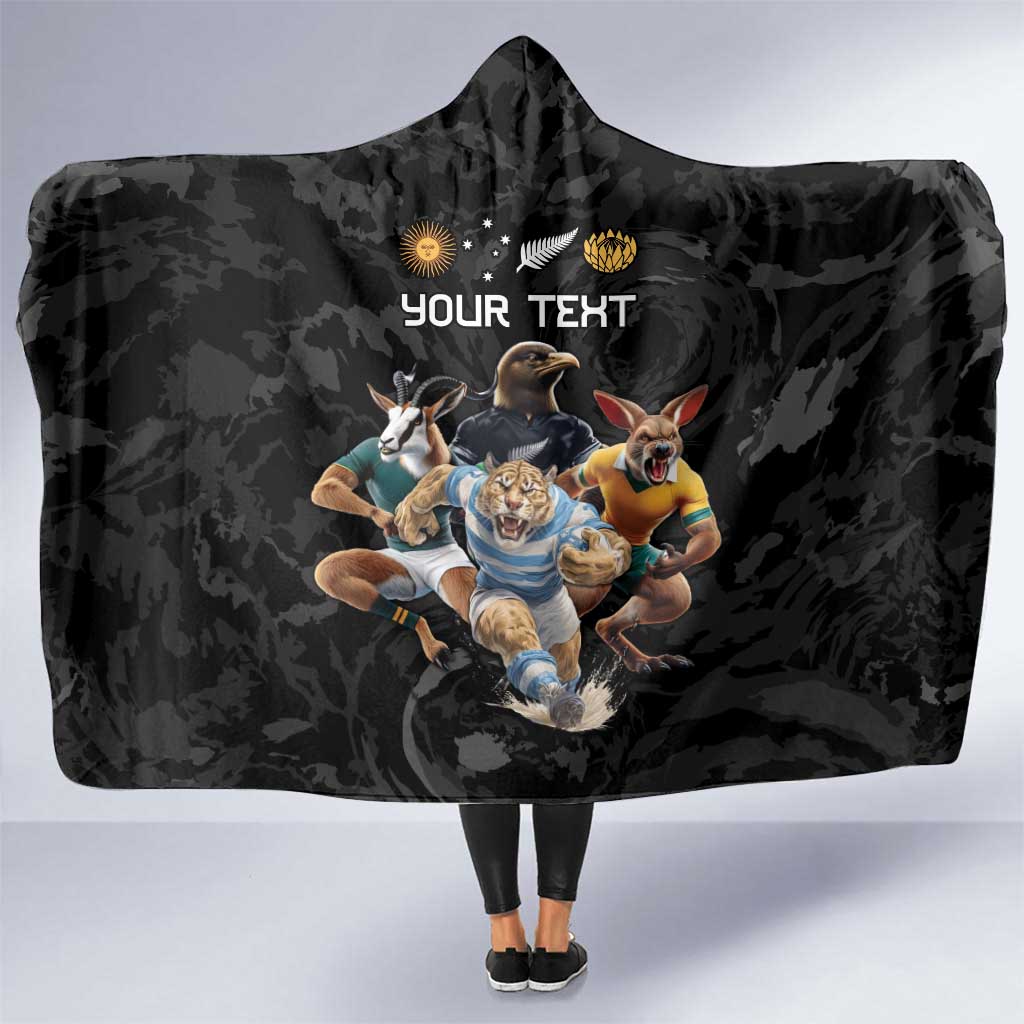 Custom Rugby Southern Hemisphere Hooded Blanket Argentina AUNZ South Africa Mascot Black - Aussie Hoodie