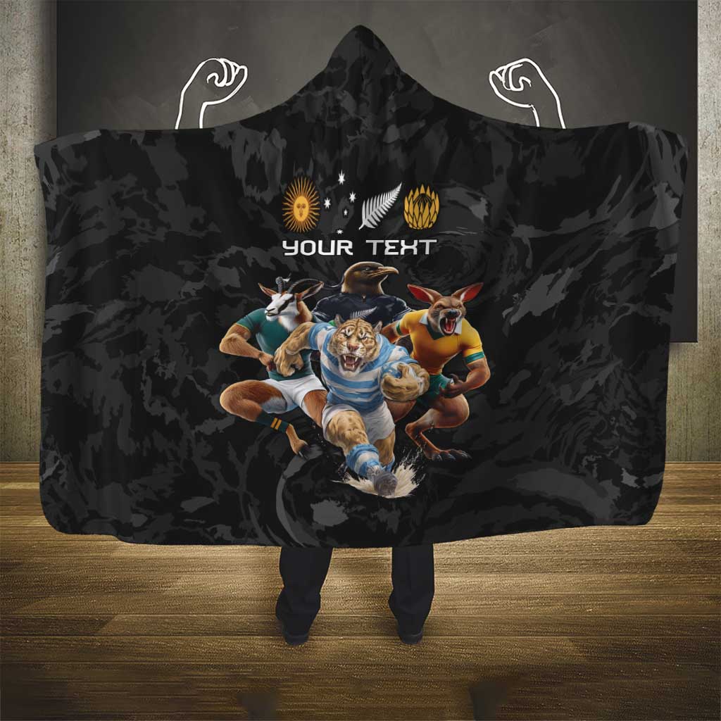 Custom Rugby Southern Hemisphere Hooded Blanket Argentina AUNZ South Africa Mascot Black - Aussie Hoodie