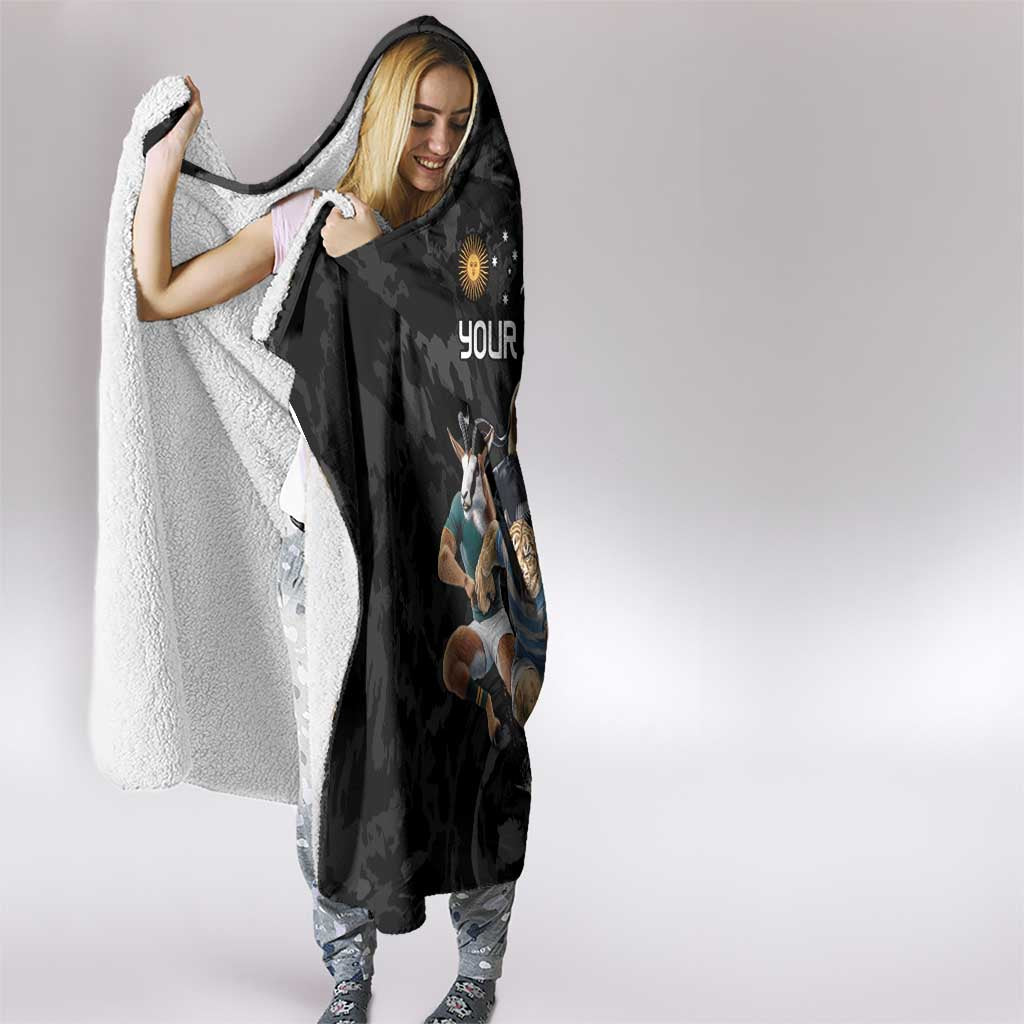 Custom Rugby Southern Hemisphere Hooded Blanket Argentina AUNZ South Africa Mascot Black - Aussie Hoodie