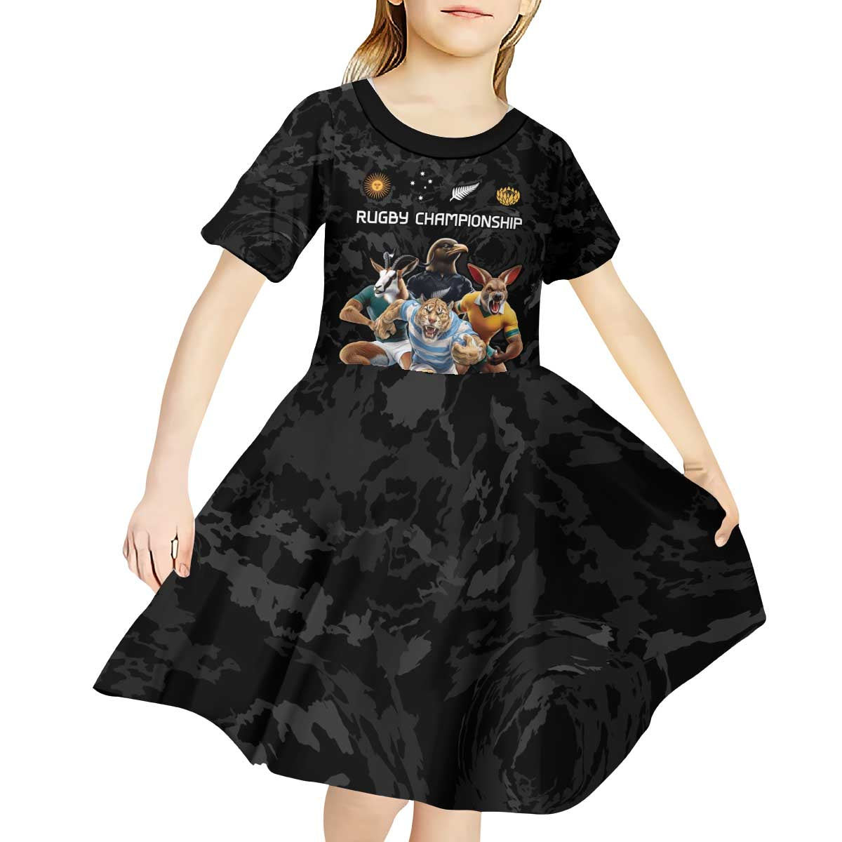 Custom Rugby Southern Hemisphere Kid Short Sleeve Dress Argentina AUNZ South Africa Mascot Black - Aussie Hoodie