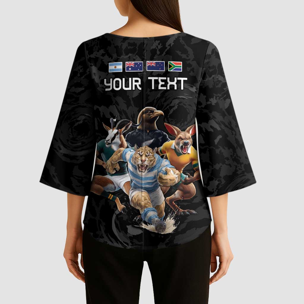 Custom Rugby Southern Hemisphere Kimono Sleeve Blouse Argentina AUNZ South Africa Mascot Black - Aussie Hoodie