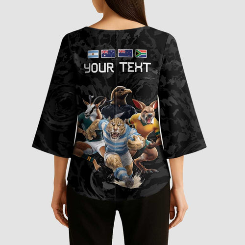 Custom Rugby Southern Hemisphere Kimono Sleeve Blouse Argentina AUNZ South Africa Mascot Black - Aussie Hoodie