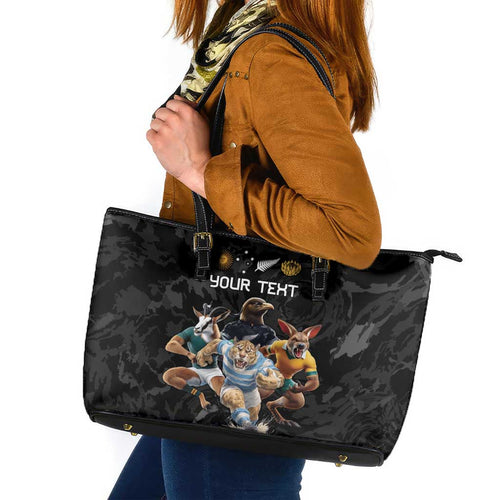 Custom Rugby Southern Hemisphere Leather Tote Bag Argentina AUNZ South Africa Mascot Black - Aussie Hoodie