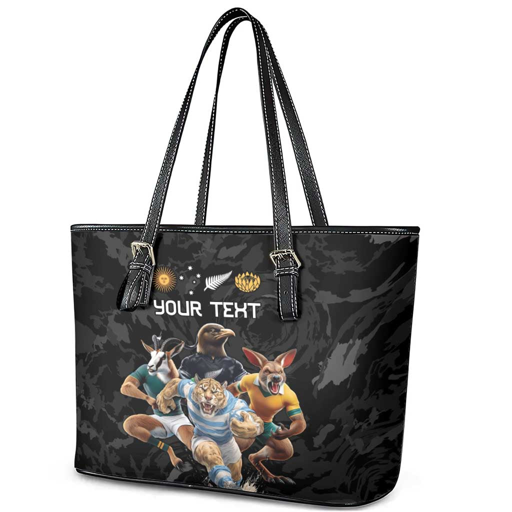 Custom Rugby Southern Hemisphere Leather Tote Bag Argentina AUNZ South Africa Mascot Black - Aussie Hoodie