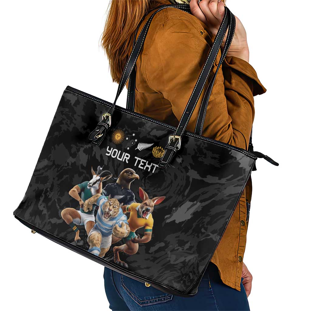 Custom Rugby Southern Hemisphere Leather Tote Bag Argentina AUNZ South Africa Mascot Black - Aussie Hoodie