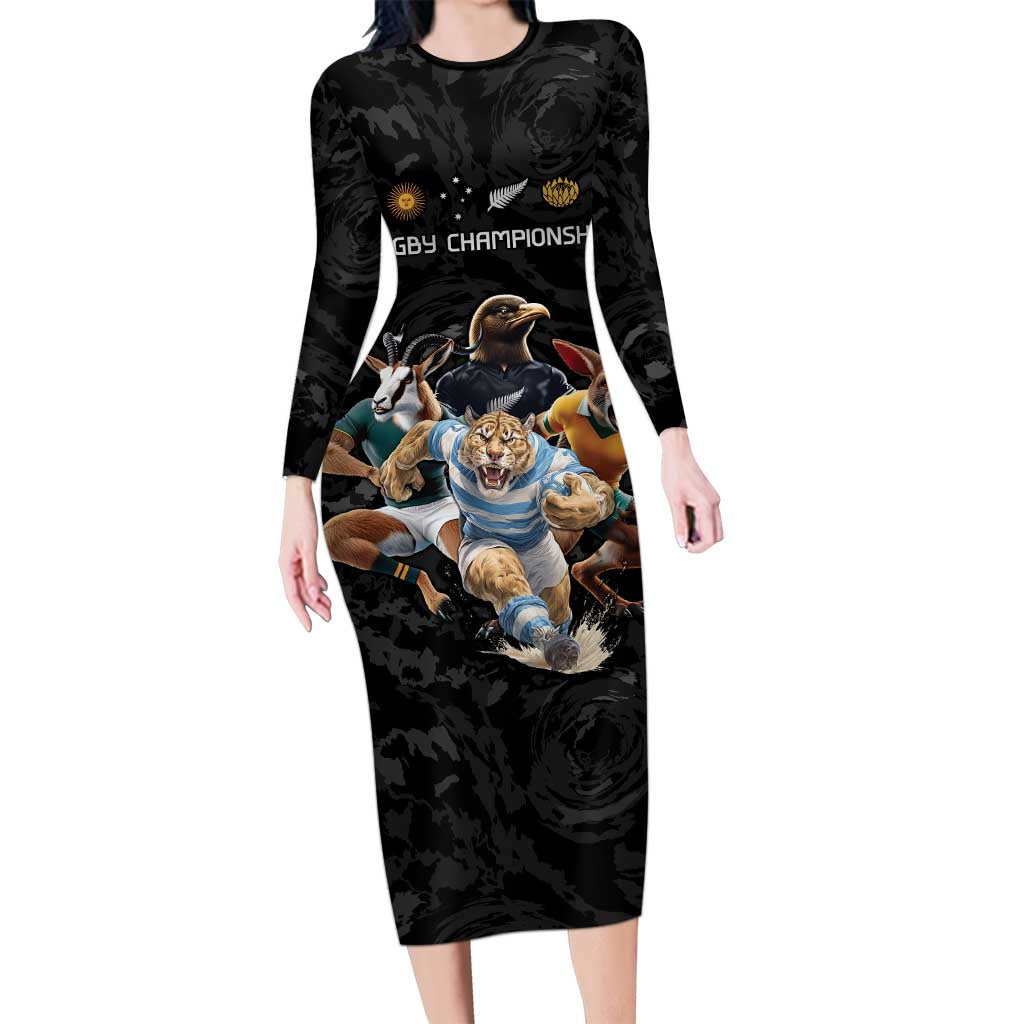 Custom Rugby Southern Hemisphere Long Sleeve Bodycon Dress Argentina AUNZ South Africa Mascot Black - Aussie Hoodie