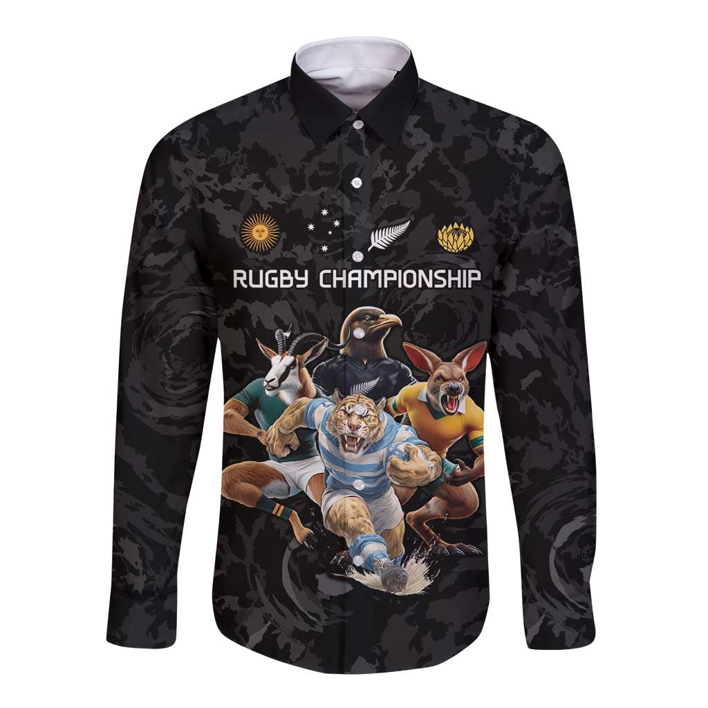 Custom Rugby Southern Hemisphere Long Sleeve Button Shirt Argentina AUNZ South Africa Mascot Black - Aussie Hoodie