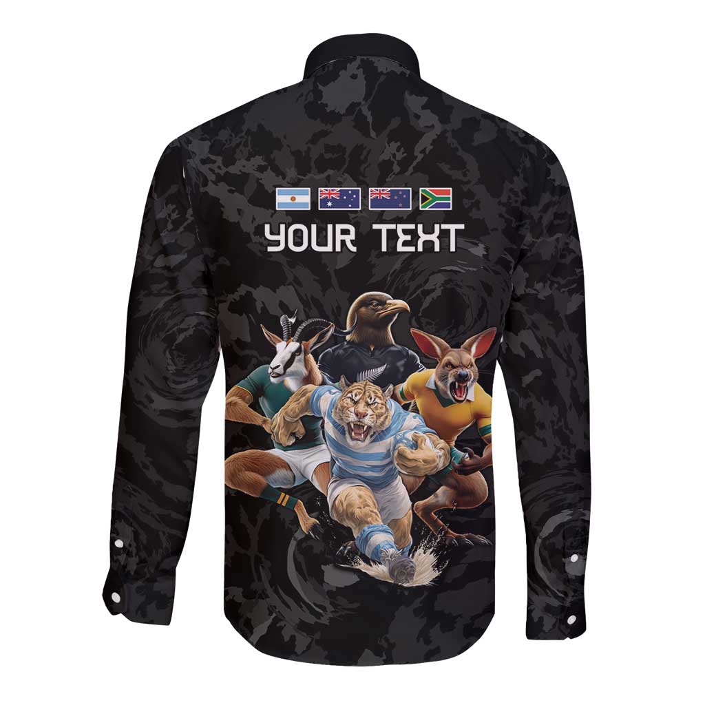 Custom Rugby Southern Hemisphere Long Sleeve Button Shirt Argentina AUNZ South Africa Mascot Black - Aussie Hoodie