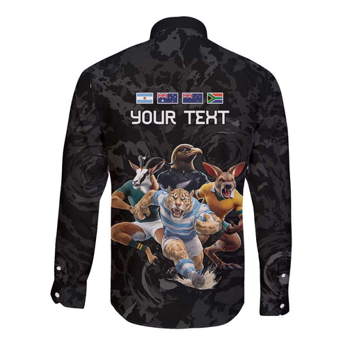Custom Rugby Southern Hemisphere Long Sleeve Button Shirt Argentina AUNZ South Africa Mascot Black - Aussie Hoodie