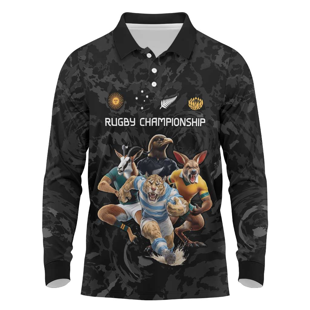 Custom Rugby Southern Hemisphere Long Sleeve Polo Shirt Argentina AUNZ South Africa Mascot Black - Aussie Hoodie