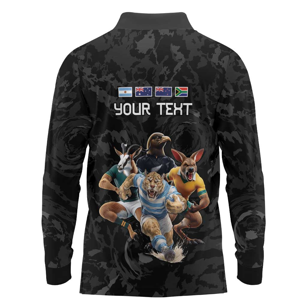 Custom Rugby Southern Hemisphere Long Sleeve Polo Shirt Argentina AUNZ South Africa Mascot Black - Aussie Hoodie