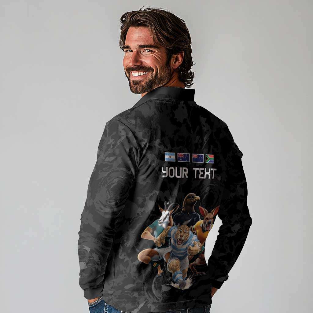 Custom Rugby Southern Hemisphere Long Sleeve Polo Shirt Argentina AUNZ South Africa Mascot Black - Aussie Hoodie