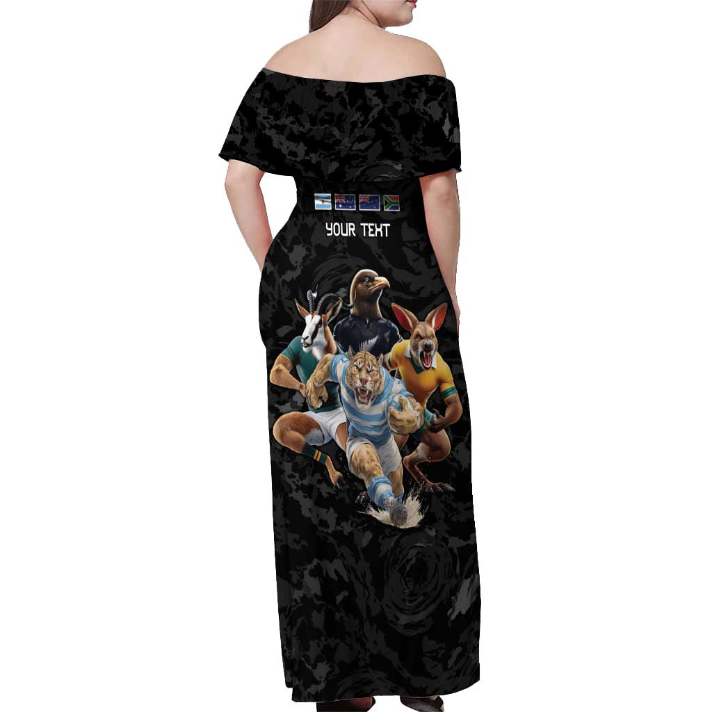 Custom Rugby Southern Hemisphere Off Shoulder Maxi Dress Argentina AUNZ South Africa Mascot Black - Aussie Hoodie