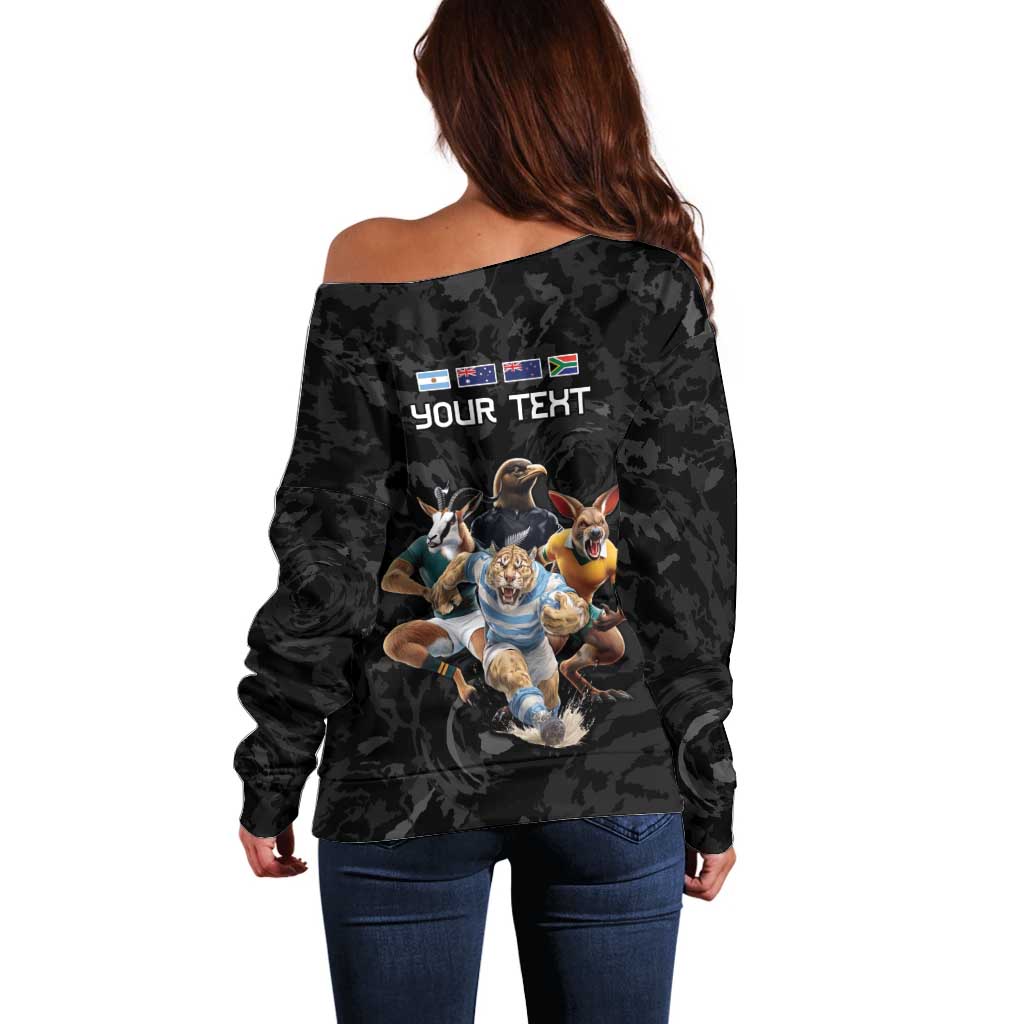 Custom Rugby Southern Hemisphere Off Shoulder Sweater Argentina AUNZ South Africa Mascot Black - Aussie Hoodie