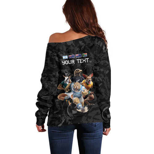 Custom Rugby Southern Hemisphere Off Shoulder Sweater Argentina AUNZ South Africa Mascot Black - Aussie Hoodie