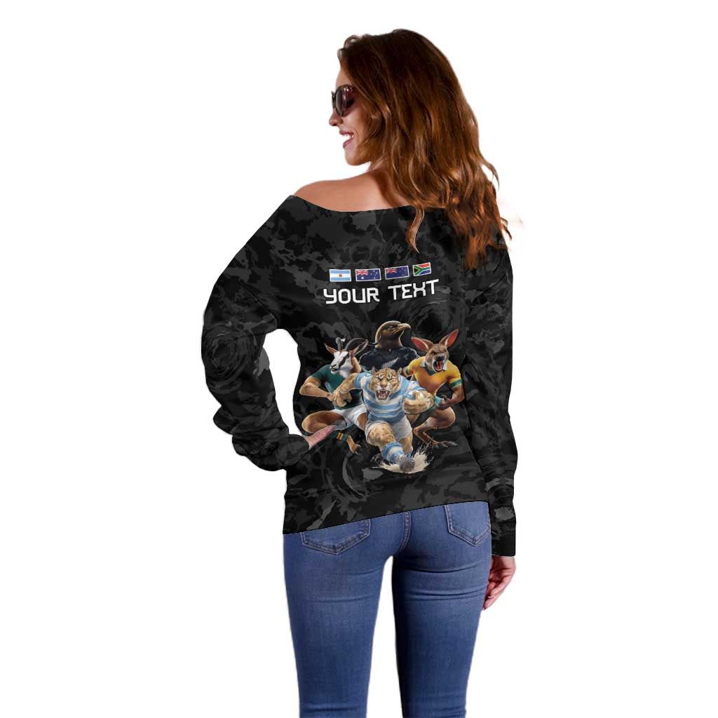 Custom Rugby Southern Hemisphere Off Shoulder Sweater Argentina AUNZ South Africa Mascot Black - Aussie Hoodie