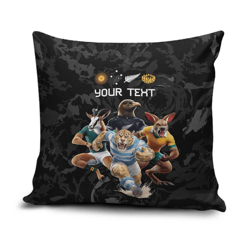 Custom Rugby Southern Hemisphere Pillow Cover Argentina AUNZ South Africa Mascot Black - Aussie Hoodie