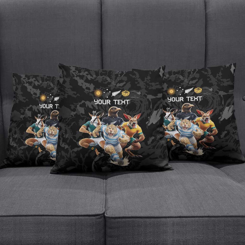 Custom Rugby Southern Hemisphere Pillow Cover Argentina AUNZ South Africa Mascot Black - Aussie Hoodie