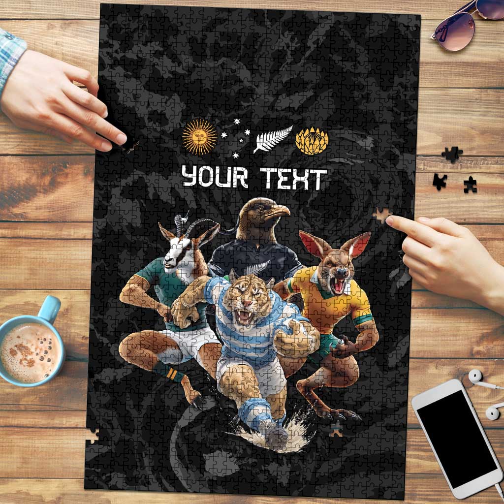 Custom Rugby Southern Hemisphere Puzzle Argentina AUNZ South Africa Mascot Black - Aussie Hoodie