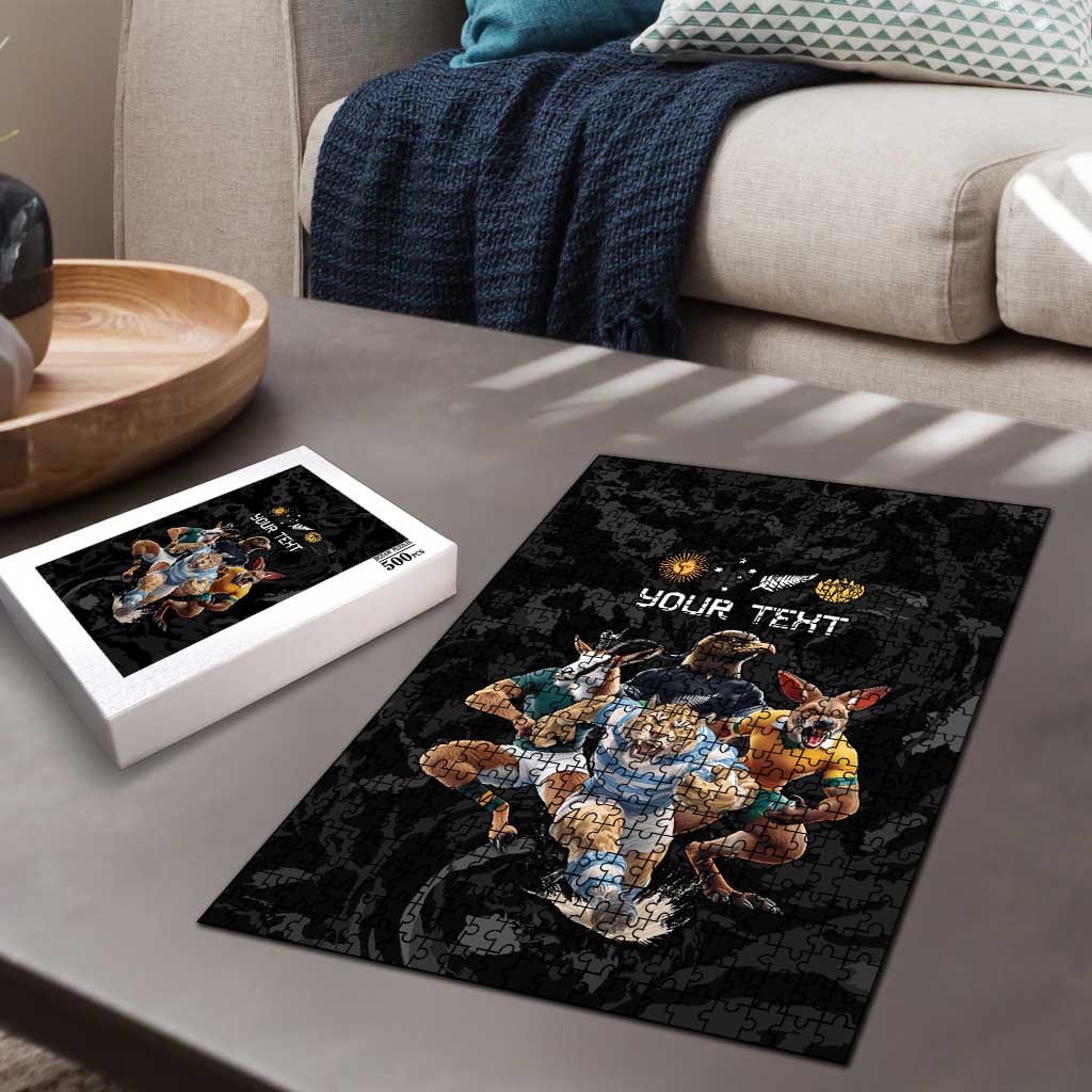 Custom Rugby Southern Hemisphere Puzzle Argentina AUNZ South Africa Mascot Black - Aussie Hoodie