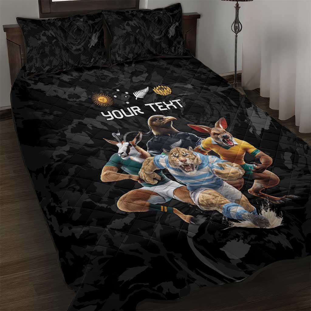 Custom Rugby Southern Hemisphere Quilt Bed Set Argentina AUNZ South Africa Mascot Black - Aussie Hoodie