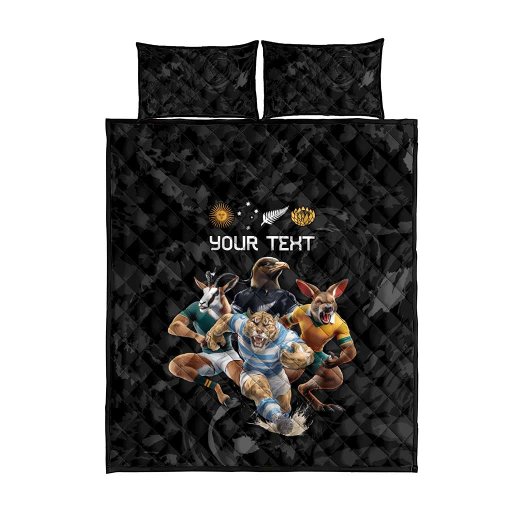 Custom Rugby Southern Hemisphere Quilt Bed Set Argentina AUNZ South Africa Mascot Black - Aussie Hoodie