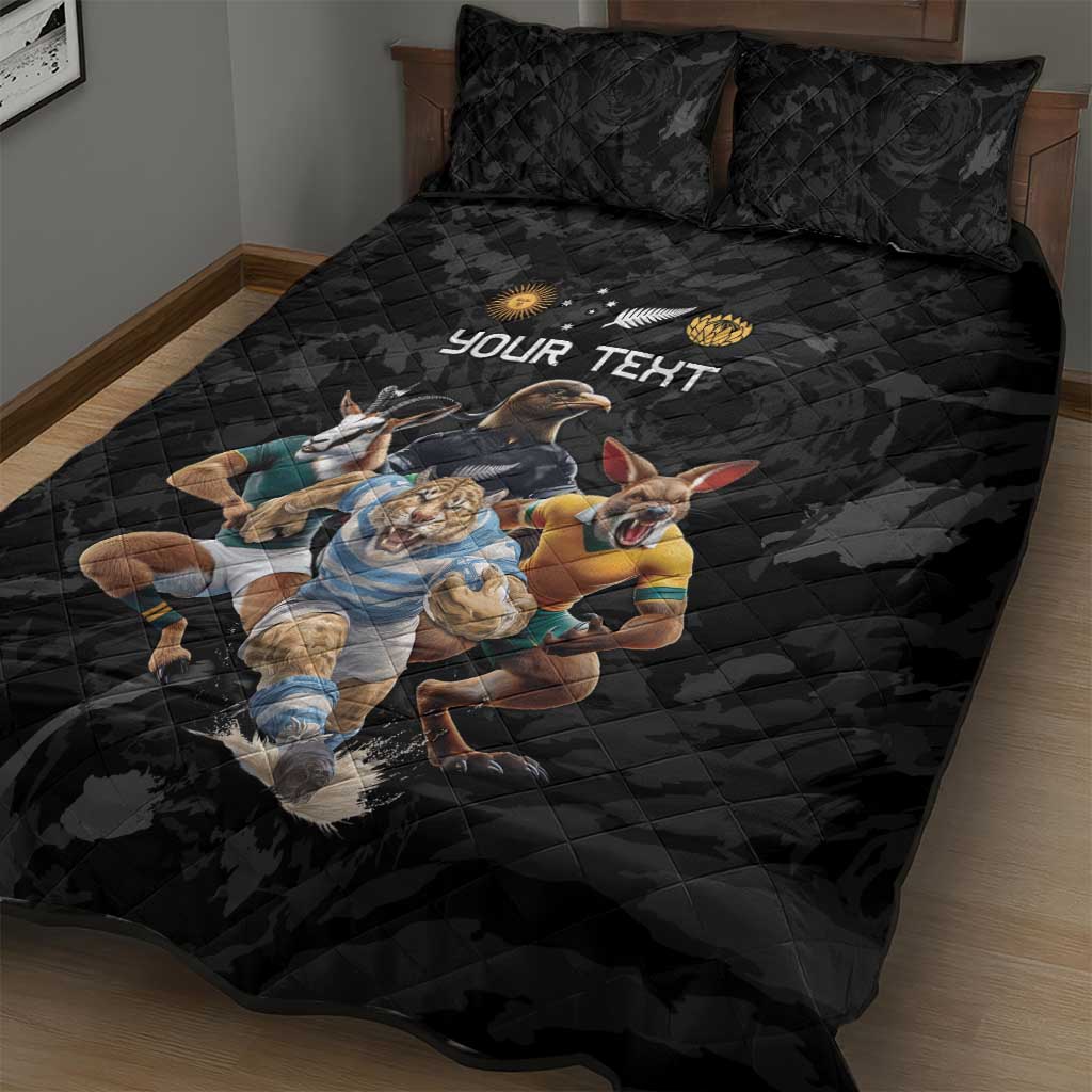 Custom Rugby Southern Hemisphere Quilt Bed Set Argentina AUNZ South Africa Mascot Black - Aussie Hoodie
