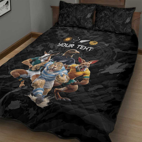 Custom Rugby Southern Hemisphere Quilt Bed Set Argentina AUNZ South Africa Mascot Black - Aussie Hoodie