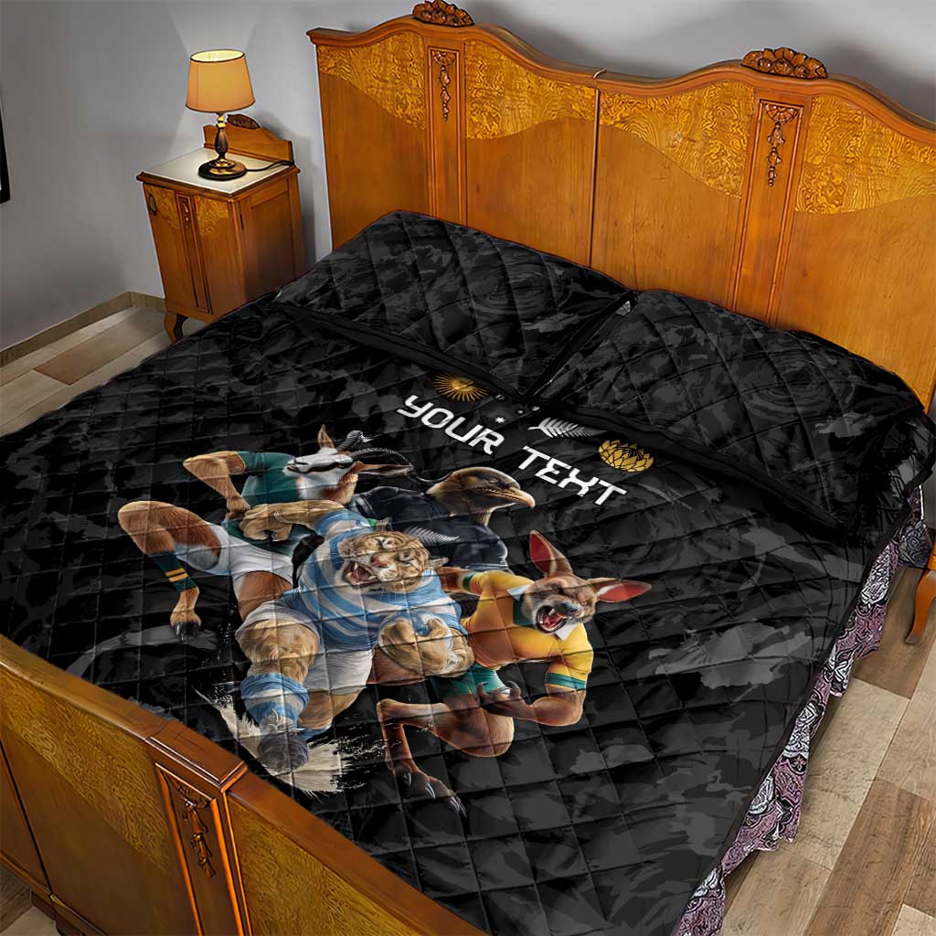 Custom Rugby Southern Hemisphere Quilt Bed Set Argentina AUNZ South Africa Mascot Black - Aussie Hoodie