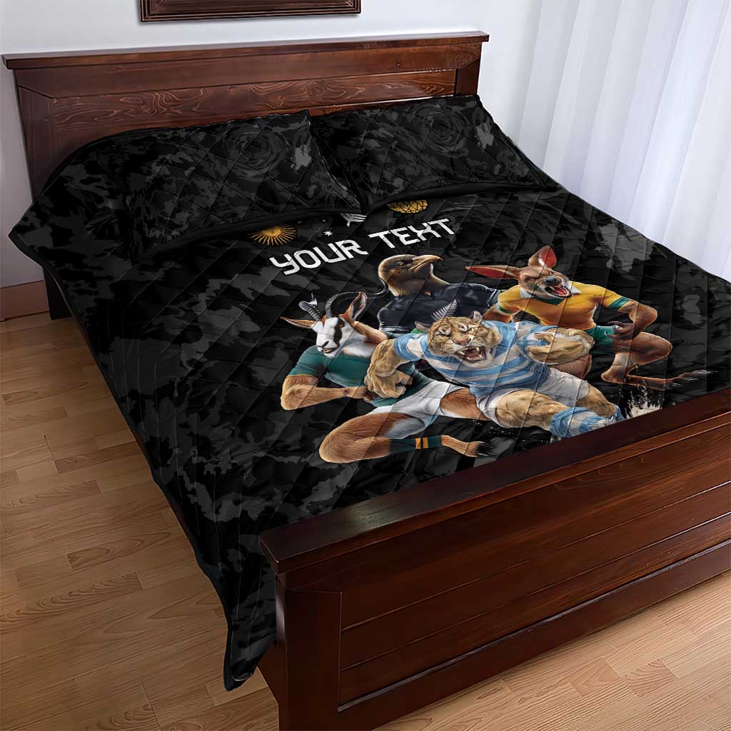 Custom Rugby Southern Hemisphere Quilt Bed Set Argentina AUNZ South Africa Mascot Black - Aussie Hoodie