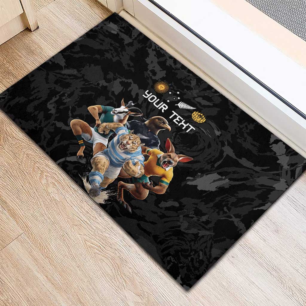 Custom Rugby Southern Hemisphere Rubber Doormat Argentina AUNZ South Africa Mascot Black - Aussie Hoodie