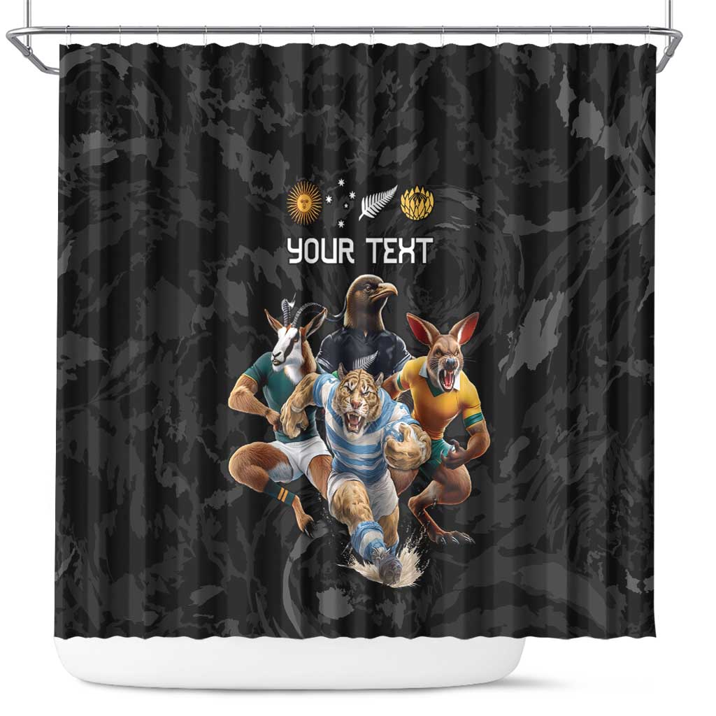 Custom Rugby Southern Hemisphere Shower Curtain Argentina AUNZ South Africa Mascot Black - Aussie Hoodie