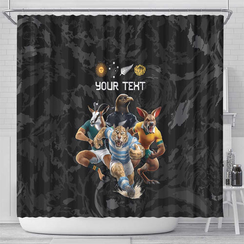 Custom Rugby Southern Hemisphere Shower Curtain Argentina AUNZ South Africa Mascot Black - Aussie Hoodie