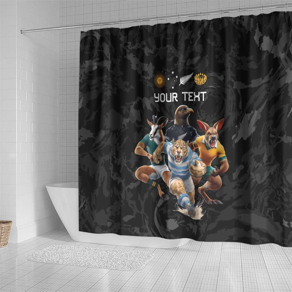 Custom Rugby Southern Hemisphere Shower Curtain Argentina AUNZ South Africa Mascot Black - Aussie Hoodie