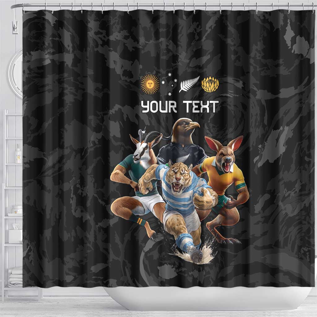 Custom Rugby Southern Hemisphere Shower Curtain Argentina AUNZ South Africa Mascot Black - Aussie Hoodie